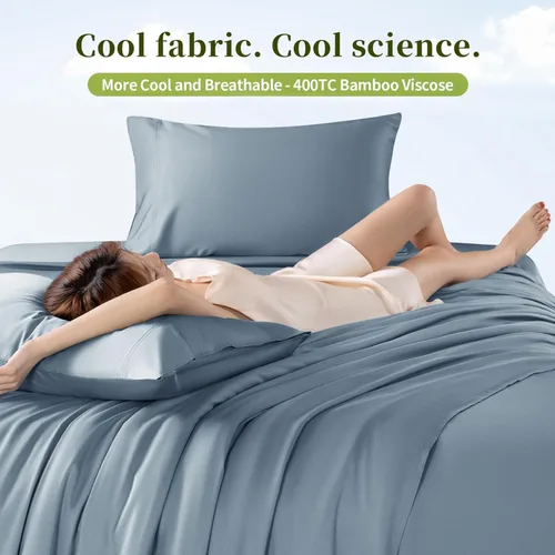 Vista 23 de Shilucheng Sábanas 100% viscosa derivada de bambú, tamaño matrimonial, 4 piezas, ultra refrescantes y sedosas, bolsillo profundo de 16 pulgadas