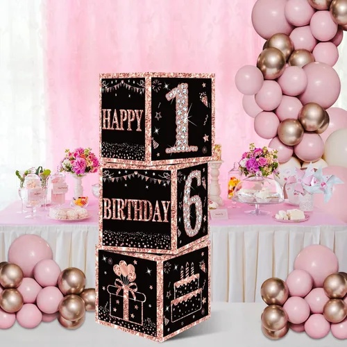 Vista 5 de Eiurteao 3 cajas de decoración de cumpleaños número 16 para niñas, cajas de globos de feliz cumpleaños de 16 años de oro rosa, suministros