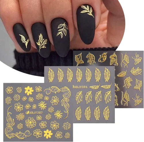 Vista 2 de Calcomanías doradas para arte de uñas, calcomanías de uñas de flores 3D, calcomanías autoadhesivas metálicas para uñas, hojas doradas, suministros