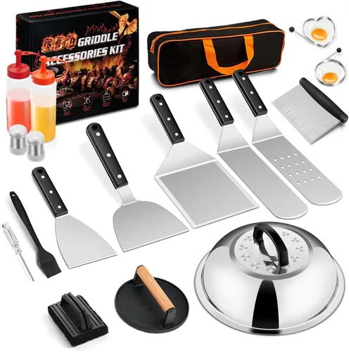 Vista 10 de 18 piezas de kit de accesorios para parrilla de Joyfair, juego de accesorios para parrilla de parte superior plana con prensa para hamburguesas