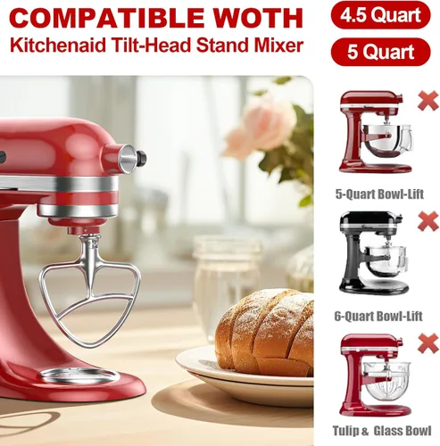 Vista 4 de Batidora plana de acero inoxidable para mezclador KitchenAid, accesorio de paleta para batidora de pie con cabezal inclinable, se ajusta a cuencos