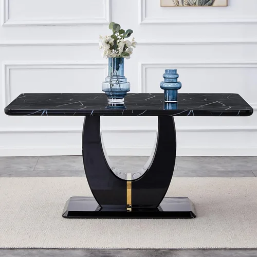 Vista 6 de LKTART Mesa de comedor rectangular de mármol de imitación de 63 pulgadas con mesa de mármol negro y patas de metal, mesa de cocina rectangular negra