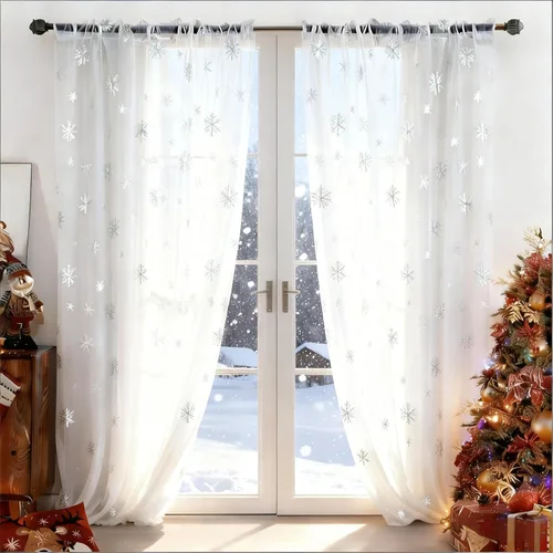 Vista 9 de MikiUp Cortinas traslúcidas de copos de nieve de Navidad, cortinas semitransparentes con estampado de lámina dorada, bolsillo para barra, decoración