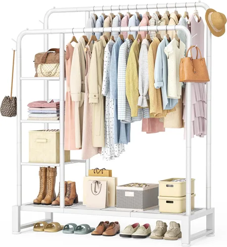 Vista 9 de Perchero de doble barra con estantes de almacenamiento de 4 niveles, perchero para colgar ropa, organizador multifuncional de ropa resistente