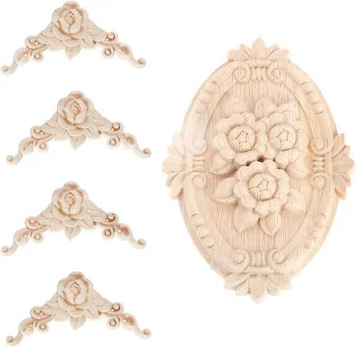 Vista 8 de 5 piezas de apliques de madera tallada en madera Onlays Onlays DIY tallados muebles apliques Onlays sin pintar centro tallado calcomanía para puerta