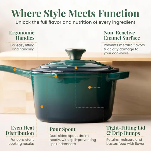 Vista 6 de Larder & Vine Cacerola de hierro fundido esmaltado Cacerola de 2.2 cuartos de galón con tapa Cacerola con boquillas de vertido Olla de hierro