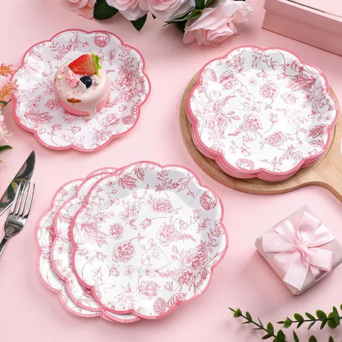 Vista 12 de 100 platos de papel florales azules, desechables, para bebé, despedida de soltera, suministros de fiesta, platos de postre florales, bandeja