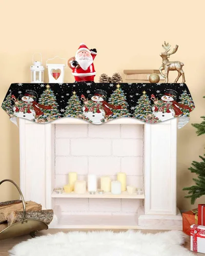 Vista 2 de Bufanda de mantel de Navidad de 60 x 17 pulgadas, decoración de mantel de Navidad negra para chimenea, decoración de día festivo, muñeco de nieve
