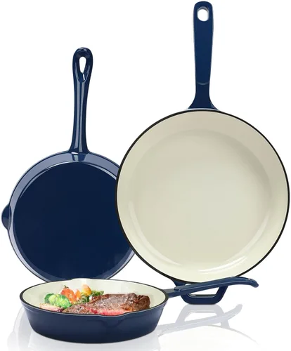 Vista 13 de Hisencn - Juego de sartenes de hierro fundido esmaltado, juego de 3 piezas (20.3 cm/24.1 cm/27.9 cm), libre de PFAS, PTFE y PFOA, compatible