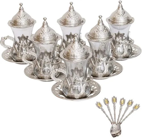 Vista 8 de Alisveristime Juego de 6 vasos de té turco hechos a mano Zamzam para servir vasos platillo y cuchara (negro)