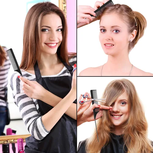 Vista 2 de 3 peines de cola de rata, peines de fibra de carbono con cola de acero inoxidable, resistentes al calor, con 6 clips de metal para rizos