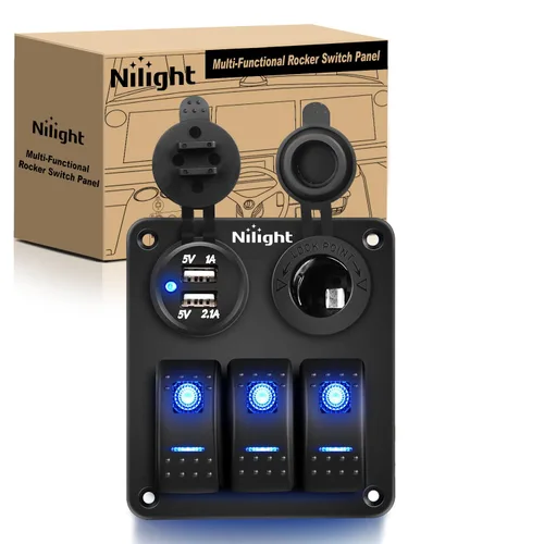 Vista 22 de Nilight, Panel de interruptores basculantes de 4 bandas, resistente al agua, panel de interruptor precableado con cargador USB y toma de corriente