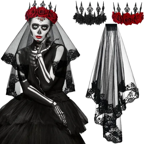 WILLBOND Velo de encaje negro de Halloween, velo de boda creativo de mantilla, catedral, 2 piezas, corona vintage, diadema rosa, tocado gótico