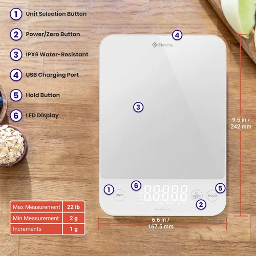 Vista 7 de Etekcity - Báscula de cocina digital de 22 lb, pesa gramos y onzas - Herramienta recargable e impermeable para pérdida de peso, cocina, repostería