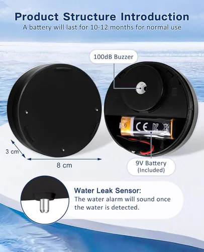 Vista 4 de Geevon Paquete de 2 Detectores de Fugas de Agua, Alarmas de Sensor de Agua de 100dB, Detector de Inundaciones para Sótanos, Baños, Cuartos