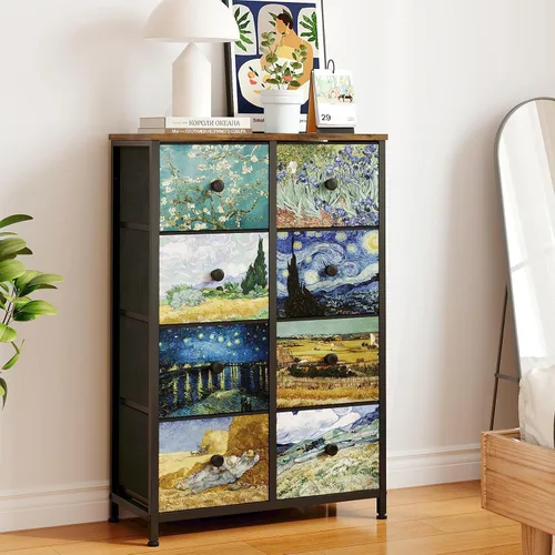 Vista 10 de EXOTICA - Cómoda grande con 15 cajones, cómoda alta de tela Van Gogh para dormitorio, sala de estar, entrada, armario con marco de metal resistente