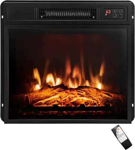 COSTWAY Chimenea eléctrica de 18 pulgadas de ancho, calentador de chimenea empotrado de 1400 W con control remoto, 3 efectos de llama LED,