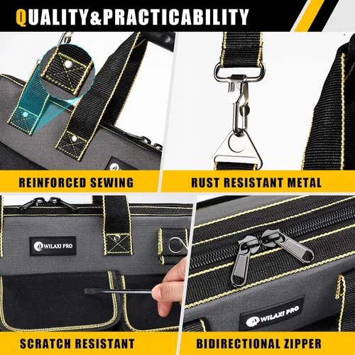 Vista 5 de Bolsa de herramientas de 17 pulgadas para hombres con base moldeada impermeable, bolsa de boca ancha de alta capacidad, bolsas de herramientas