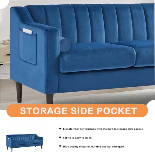 Vista 5 de Altillo Moderno sofá Chesterfield de 3 plazas con bolsillo lateral de almacenamiento, cómodo sofá tapizado de terciopelo con patas de madera de Azul