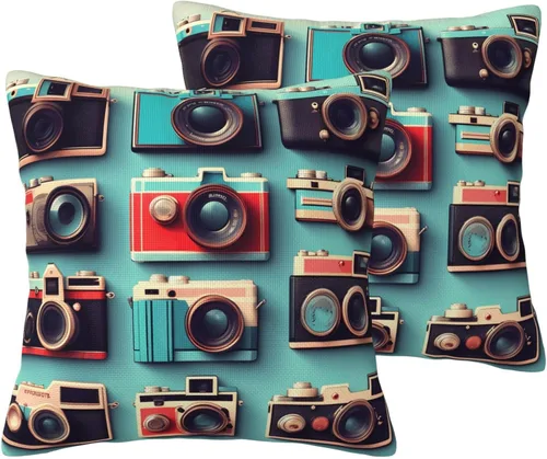 Retro Cool Camera Collection Print Decorative Linen Pillow Covers, Couch Throw Pillows, Square Cushion Covers, Spring Home Decor