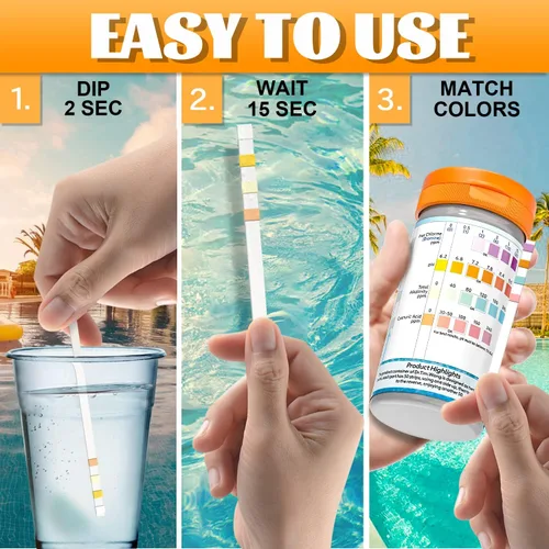 Vista 5 de Dr.Tim.Wang Tiras de prueba para piscina y jacuzzi - Kit de prueba de agua de piscina de precisión de grado médico 4 en 1 - Prueba de pH, cloro