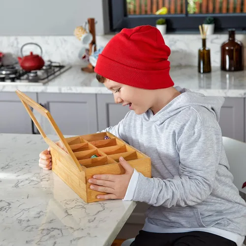 Vista 6 de RoyalHouse Organizador grande de almacenamiento de té de bambú natural con ventana superior de acrílico transparente, 8 compartimentos, soporte