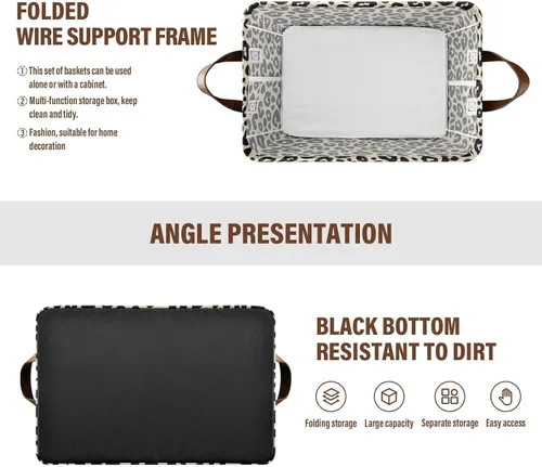 Vista 4 de Leopard Pattern Cream Black Storage Baskets Storage Cubes Organizer with Handles Books Towels and Clothes for Shelves Closet Books cajas