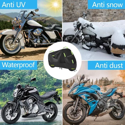 Vista 5 de Seceles Funda para motocicleta 300D, resistente, duradera, impermeable, para exteriores, protección para todas las estaciones, con 7 tiras