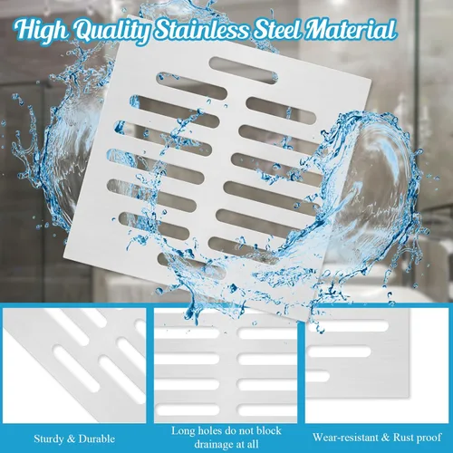 Vista 3 de Cubierta de drenaje cuadrada de 6 pulgadas de acero inoxidable para desagüe de pelo de piso plano para baño, cocina, 1 unidad