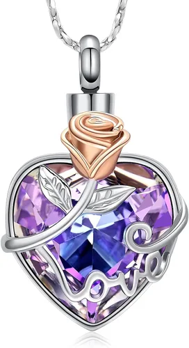 Vista 10 de Collar de urna de cremación de rosas para cenizas, joyería de cremación con dije de urna de cristal de corazón, joyería conmemorativa de recuerdo