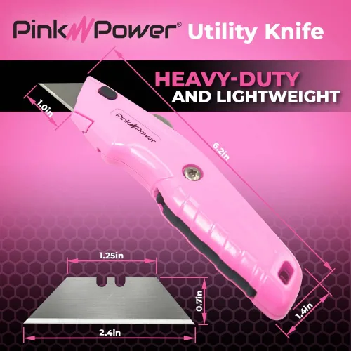 Vista 5 de Pink Power Cortador de cajas retráctil, cuchillo de utilidad rosa para alfombra, lindo cuchillo cortador de caja resistente con 3 cuchillas