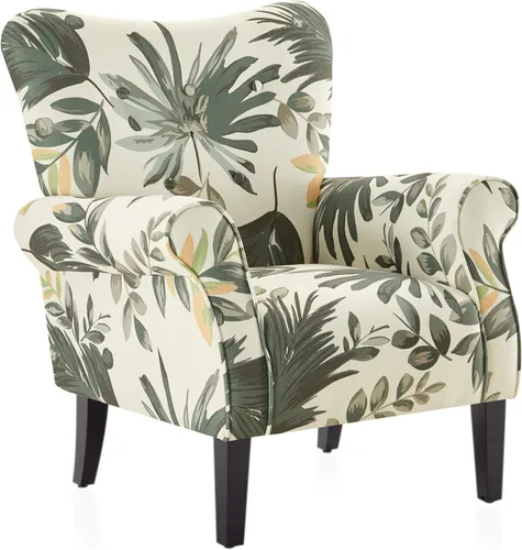Vista 8 de BELLEZE Silla de Acento Moderna para Sala de Estar, Sillón Floral de Respaldo Alto con Patas de Madera, Silla Lateral Tapizada Wingback