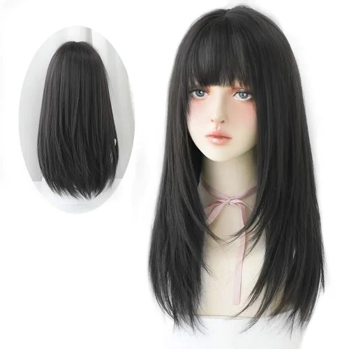 Peluca de Cabello Largo Negro Liso con Flequillo Sintética de Alta Densidad Peluca de Cabello Largo para Mujeres (negro)