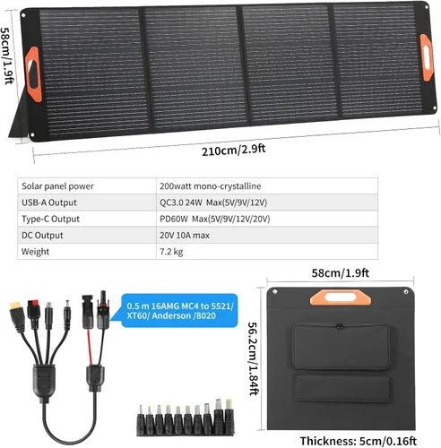 Vista 6 de Panel solar portátil de 200W para estación de energía, compatible con Jackery, Ecoflow, Bluetti, Anker y más estaciones de energía portátiles, 23.5%