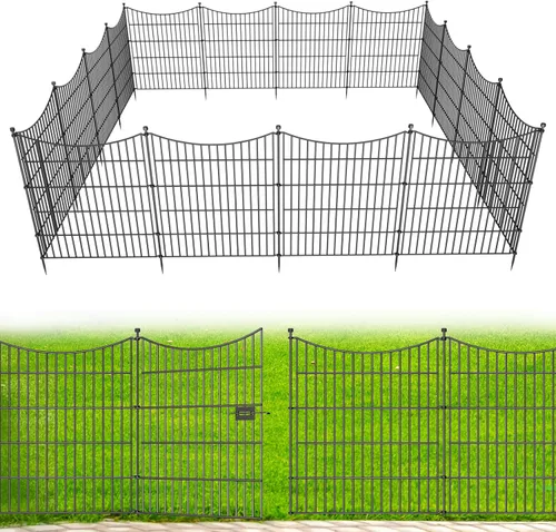 Vista 19 de 4 Paneles de Valla Decorativa de Jardín con Puerta, 121.92 cm(A) X 3.2 m(L) Valla sin Excavación para Perros Barrera de Animales al Aire Libre