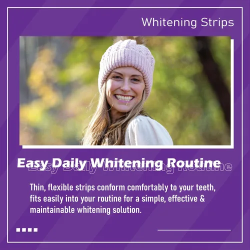 Vista 5 de Arma - Tiras blanqueadoras de dientes moradas (42 tiras) esmaltadas seguras para dientes sensibles, tiras blanqueadoras moradas ARMA, eliminan