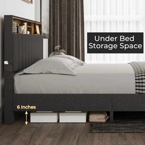 Vista 7 de Tiptiper Base de cama Queen con puertos USB y tomacorrientes, plataforma tapizada con cabecera de almacenamiento, tamaño Queen con cabecera