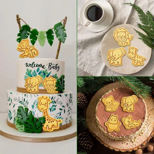 Vista 6 de Juego de 8 cortadores de galletas de animales con émbolo, 8 piezas de cortadores de estampado de animales 3D para moldes de galletas y queso