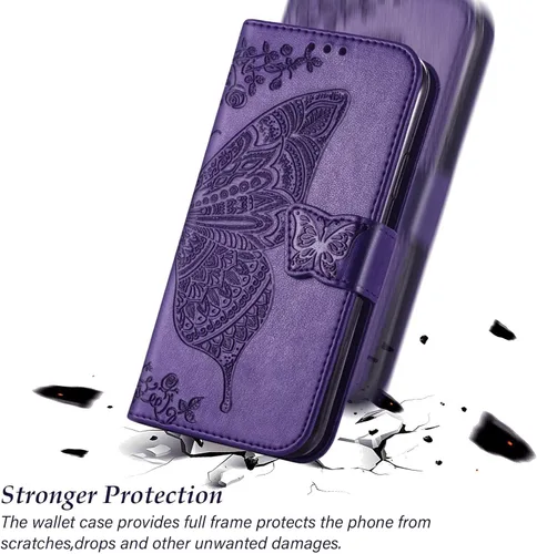 Vista 5 de Funda para teléfono Galaxy A03S, diseño de mariposa en relieve de piel sintética, con ranuras para tarjetas, con correa para muñeca, color morado