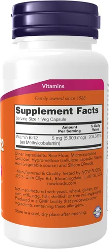 Vista 2 de NOW Foods Suplementos, Metil B-12 5000mcg,Metilcobalamina, Hipoalergénico, 90 cápsulas vegetales