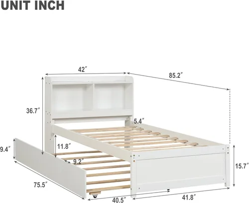 Vista 2 de Cama individual con nido, cama de plataforma de tamaño individual con cabecera de estantería y cama nido extraíble, marco de cama individual