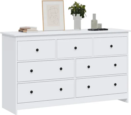 LYNSOM Cómoda para dormitorio, cómoda de 7 cajones con asas de metal, cómoda de madera moderna para sala de estar, entrada y pasillo, color blanco