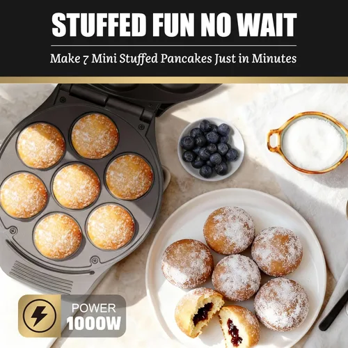 Vista 2 de FineMade Mini Máquina para Hacer Panqueques Rellenos, Sartén Eléctrica para Hacer Ebleskiver Poffertjes, Máquina para Hacer Panqueques Daneses