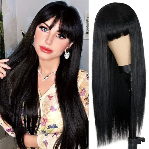 Netgo Pelucas negras con flequillo, pelucas largas y rectas para mujeres, resistentes al calor, sintéticas, cosplay, fiestas, para niñas