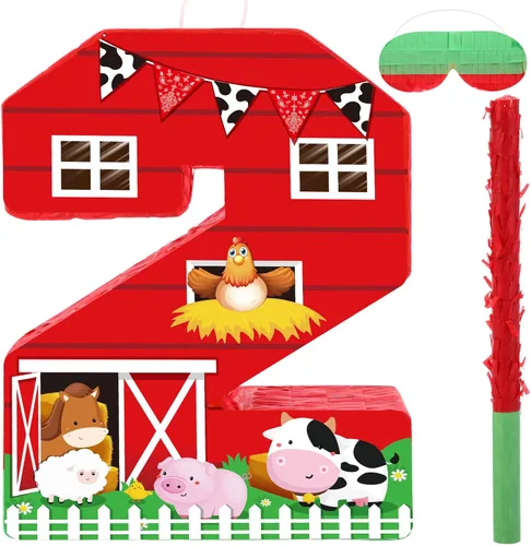 Vista 8 de Hungdao Piñata con número de piñata de cumpleaños de granja con murciélago y confeti para niños y niñas, decoración de fiesta de cumpleaños