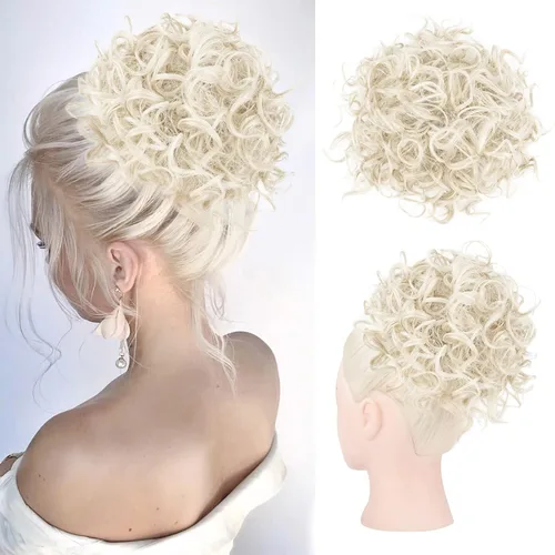 Vista 17 de HOOJIH - Moño desordenado para el pelo, pieza de pelo con cordón elástico, onda suelta, gran moño rizado, corto, extensión de cola de caballo Negro