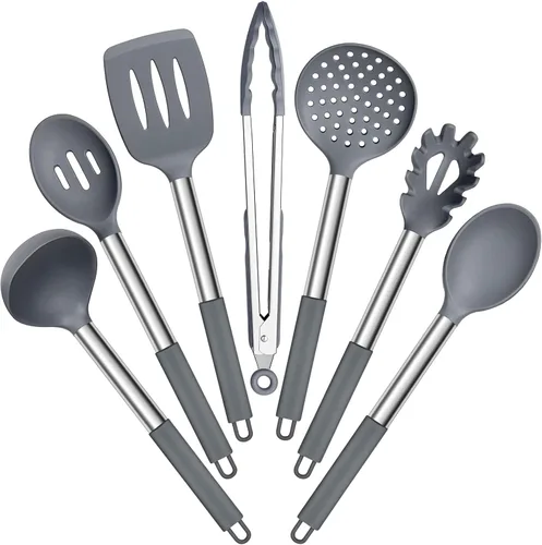 Vista 9 de E-far Juego de utensilios de cocina de silicona, 7 piezas de utensilios de cocina resistentes al calor con mango de acero inoxidable, espátula