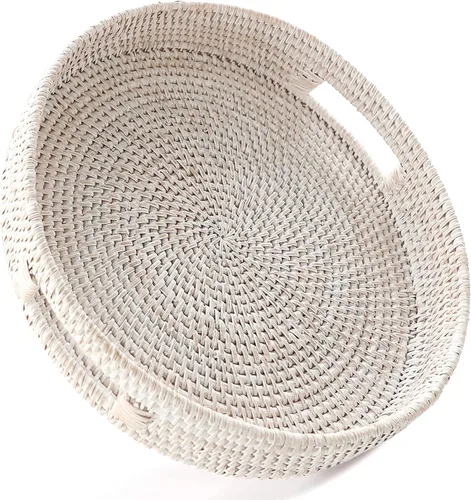 Vista 12 de HITOMEN 11.8" Hand-Woven Round Rattan Serving Tray Decorative Wicker Trays with Handles for Coffee Table (Warm Brown-M)