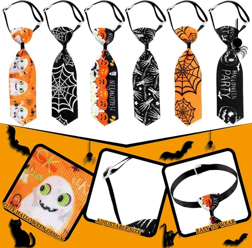 Vista 5 de Frienda 6 lazos de Halloween para perros pequeños, gatos, collares de perro de Halloween, ajustables, calavera, corbatas para mascotas, corbatas
