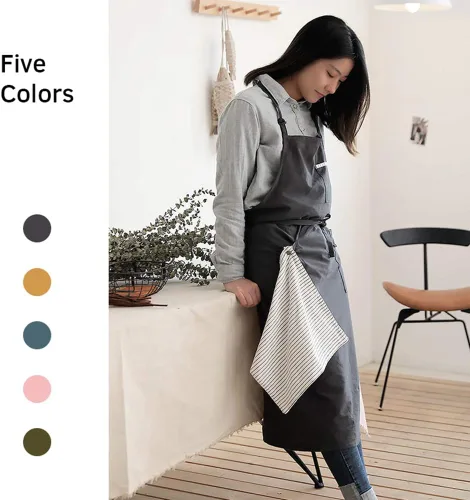 Vista 8 de Delantal ajustable de lino de algodón suave estilo nórdico japonés con cuatro bolsillos una toalla